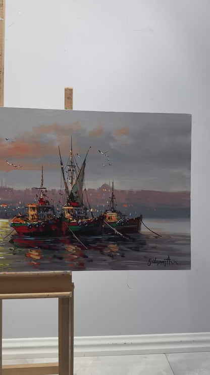 İstanbul Boğazı Son Işıkları Yağlı Boya Tablosu