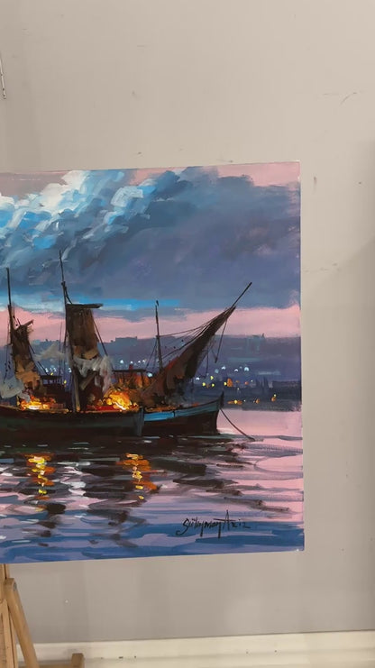 İstanbul Boğazı Gece Işıltısı Yağlı Boya Tablosu