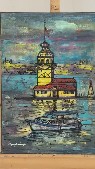 Kız Kulesi’nde Akşam Yağlı Boya Tablosu