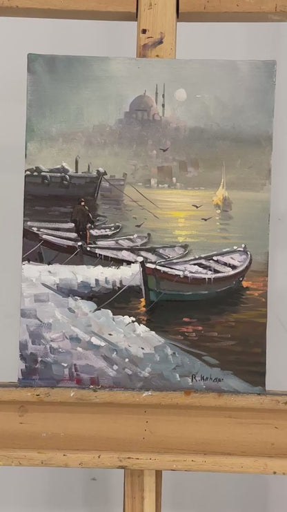 Kar Manzarasında Boğaz Yağlı Boya Tablosu