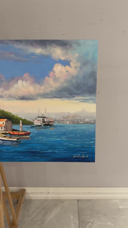 Maviyle Konuşan Kız Kulesi Yağlı Boya Tablosu