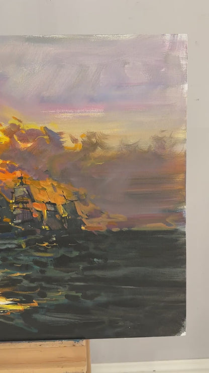 Kızıl Ufuk ve Dalgalar Yağlı Boya Tablosu