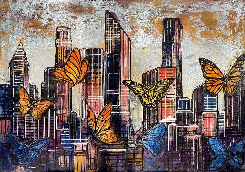 Renkli Kelebekler ve Şehir Yağlı Boya Tablosu