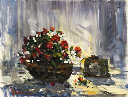 Romantik Çiçek Sepeti Yağlı Boya Tablosu