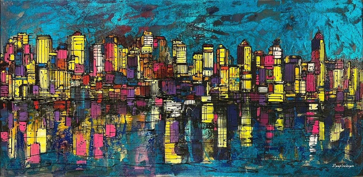 Şehir Silüeti ve Yansıma Yağlı Boya Tablosu