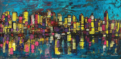 Şehir Silüeti ve Yansıma Yağlı Boya Tablosu