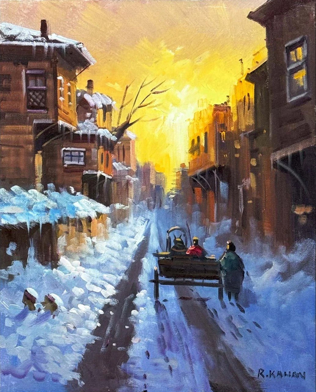Şehirde Kar Manzarası Yağlı Boya Tablosu