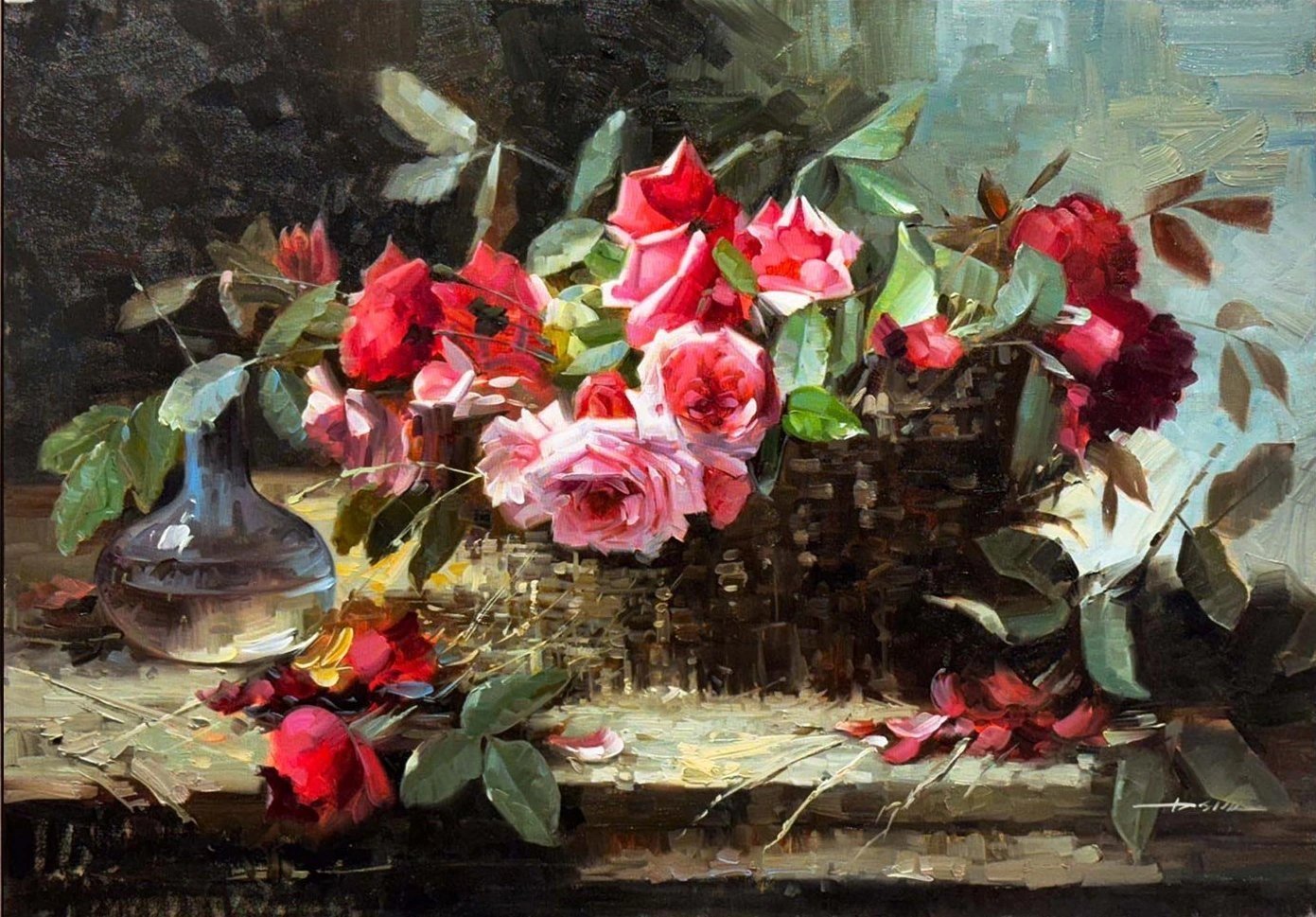 Sepette Gül Demeti Yağlı Boya Tablosu