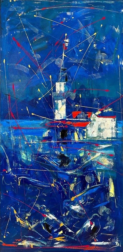 Soyut Kız Kulesi Parıltıları Yağlı Boya Tablosu