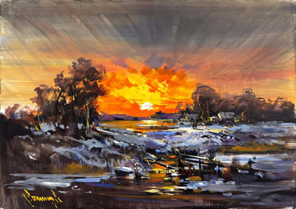 Sulara Düşen Akşam Yağlı Boya Tablosu