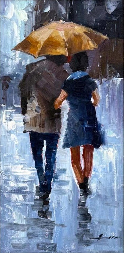 Yağmur Altında Aşıklar Yağlı Boya Tablosu