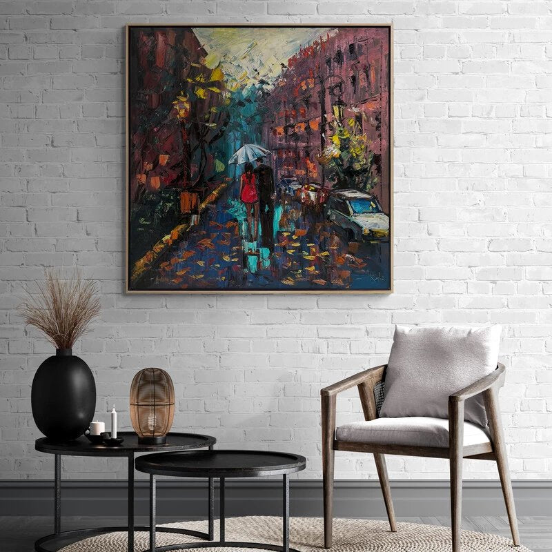 Yağmurda Sevgililerin İzleri Yağlı Boya Tablosu