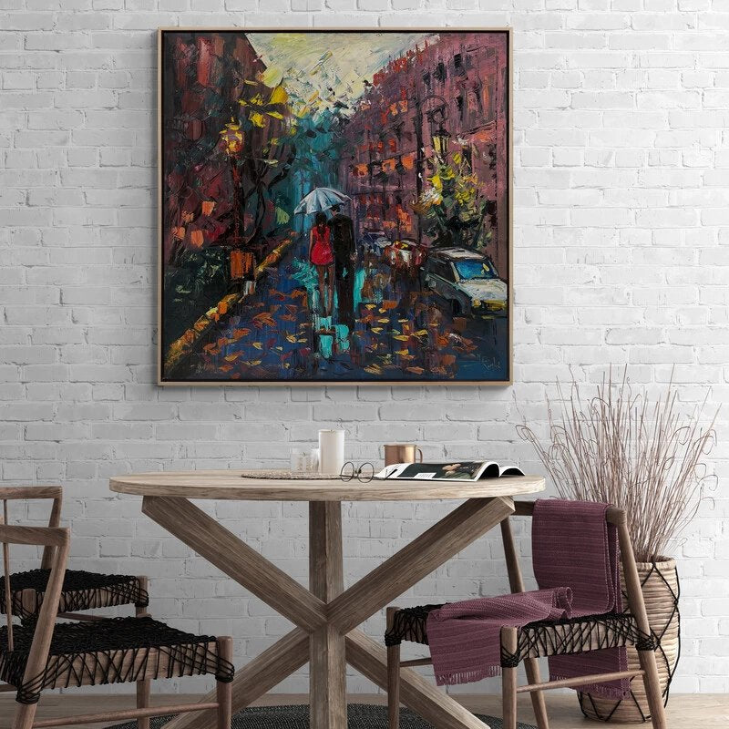 Yağmurda Sevgililerin İzleri Yağlı Boya Tablosu