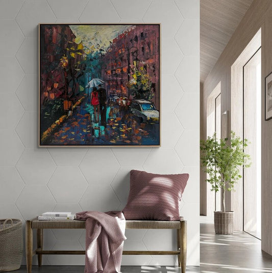 Yağmurda Sevgililerin İzleri Yağlı Boya Tablosu