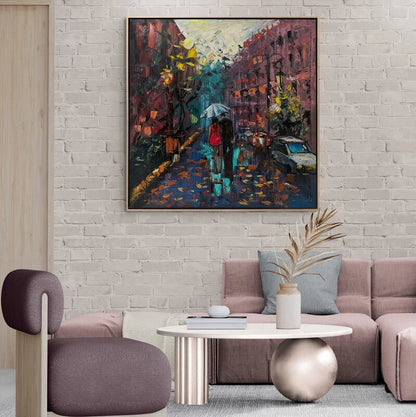 Yağmurda Sevgililerin İzleri Yağlı Boya Tablosu