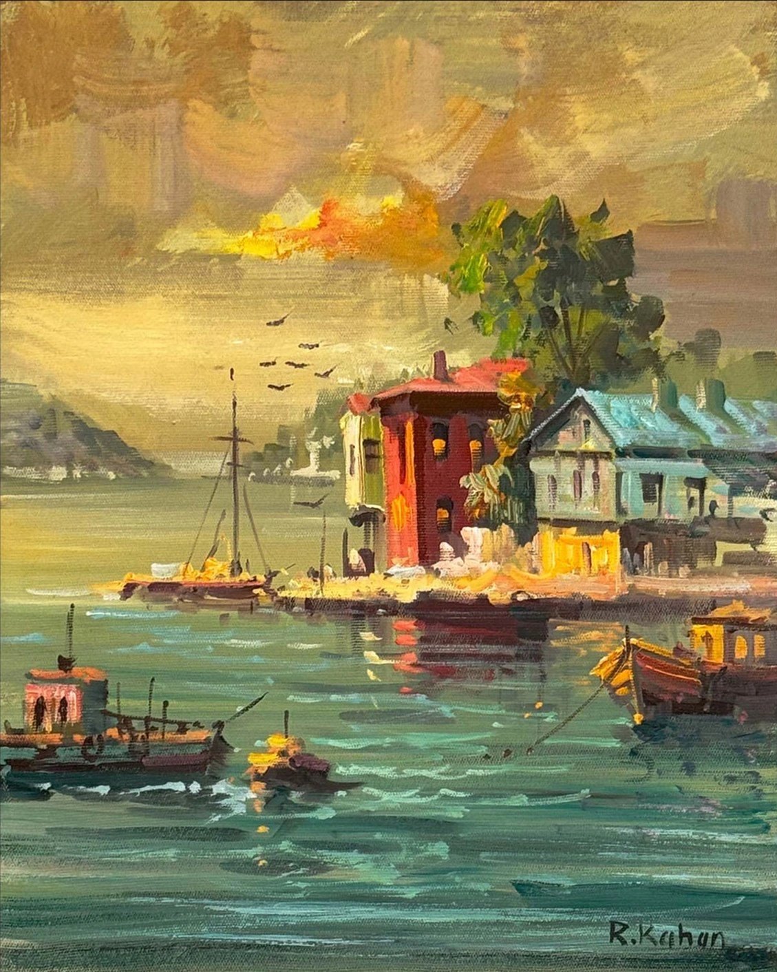 Yalılarda Gün Batımı Yağlı Boya Tablosu